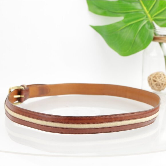 VTG USA Cole Haan Mens Belt Size 42 Brown Leather Tan Inlay Handcrafted Maine - Picture 6 of 16
